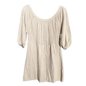 Babydoll Sweater Tunic Womens Large Beige Tan Pointelle Cable Knit Scoop Neck